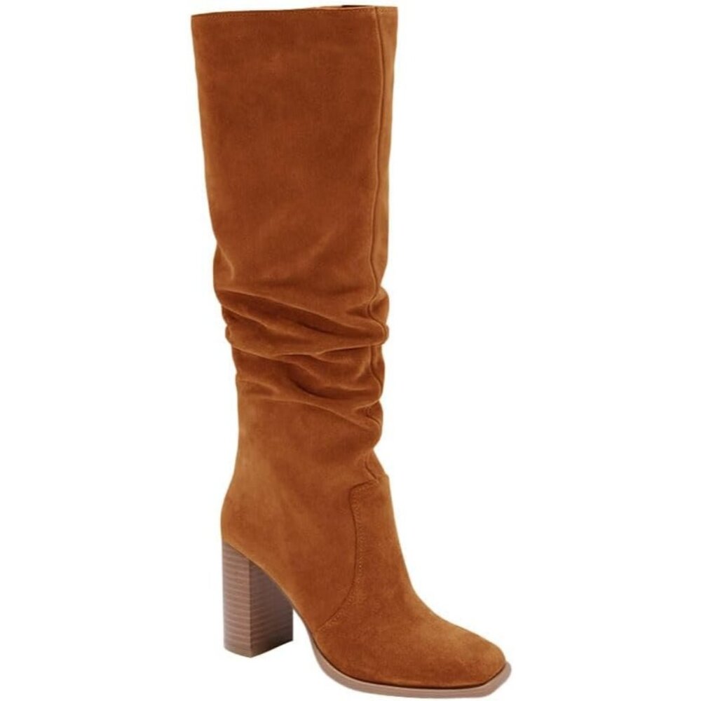 Women's Brown Chunky High Heel Square Zipper Wide Calf Knee High Boots